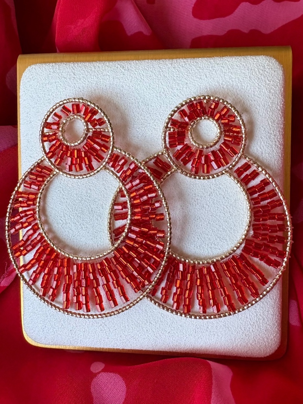 New Red Beaded Hoop Earrings in Gold Tone by Plunder Design